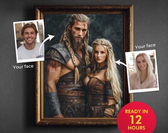 Aangepaste Viking paar portret van foto Noorse krijger schilderij | Scandinavische koninklijke cadeau | Verjaardag/echtgenoot cadeau liefhebbers gepersonaliseerd