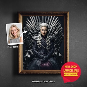 Peut inclure: Portrait encadré d'une femme aux longs cheveux blancs, assise sur un trône d'épées. L'image est dans un cadre doré. Une petite photo avec le texte "Your face" est dans le coin supérieur gauche. Le texte "Made from Your Photo" est en bas.