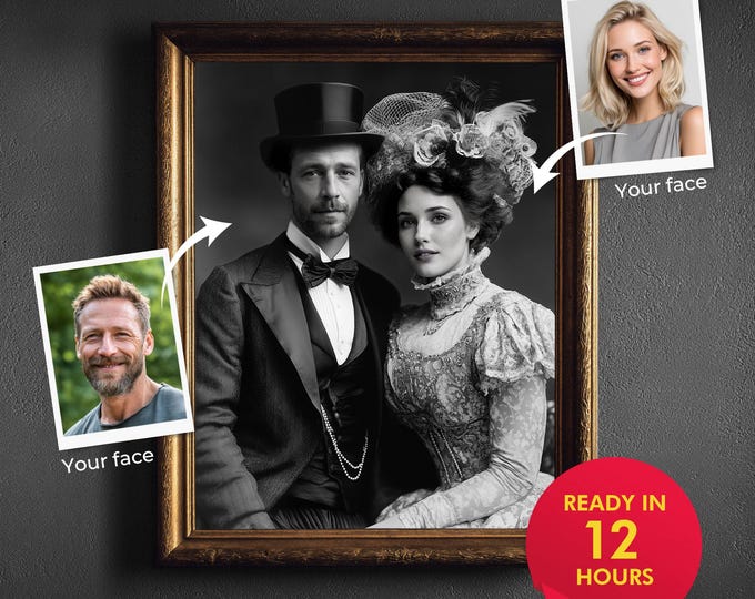 Custom Victorian Couple Portrait From Photo  Vintage 1900s Style Painting  Personalized Historical Gift |Anniversary or Wedding Present
