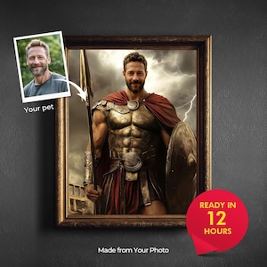 May include: A framed portrait depicting a man in Roman soldier attire, holding a spear and shield, set against a backdrop of a stormy sky. A smaller photo of a man is attached with the text "Your pet". The text "Ready in 12 hours" is also visible.