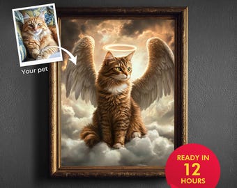May include: A framed portrait of a cat with angel wings and a halo, sitting on clouds. The cat is brown and white, with a serene expression. The frame is dark wood. Text on the image says "Ready in 12 Hours" and "Made from Your Photo."