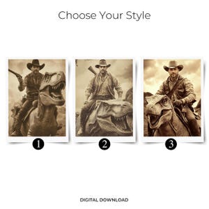 Op de afbeelding: Sepia-getinte digitale kunst met drie afbeeldingen met cowboythema. Elke afbeelding toont een cowboy die op een dinosaurus rijdt. De tekst "Choose Your Style" en "DIGITAL DOWNLOAD" zijn ook aanwezig.