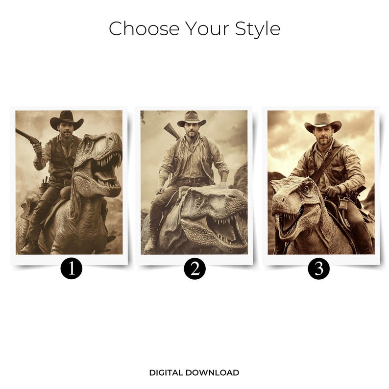 Op de afbeelding: Sepia-getinte digitale kunst met drie afbeeldingen met cowboythema. Elke afbeelding toont een cowboy die op een dinosaurus rijdt. De tekst "Choose Your Style" en "DIGITAL DOWNLOAD" zijn ook aanwezig.