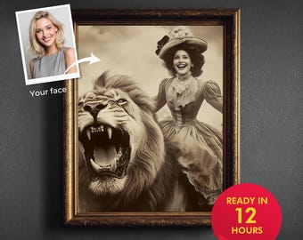 Wiktoriańska szlachcianka jadąca na lwie Portret Sztuka vintage 1800 Styl Bridgertonów Zdjęcie Elegancka dama Dekoracja ścienna Unikatowy historyczny cyfrowy