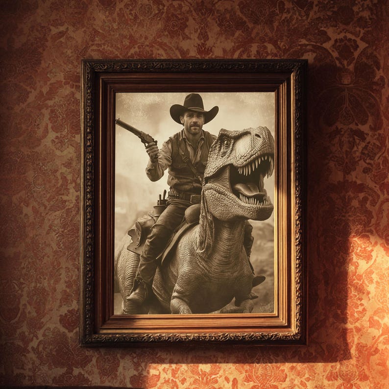 Op de afbeelding: Sepia-getinte ingelijste prent met een cowboy die op een Tyrannosaurus Rex rijdt en een geweer vasthoudt. De cowboy draagt een hoed, vest en broek. De dinosaurus heeft zijn mond open. De lijst is bruin en de achtergrond is bloemenbehang.