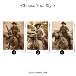 Op de afbeelding: Sepia-getinte digitale kunst met cowboys die op dinosaurussen rijden. De afbeelding bevat drie ingelijste prints met cowboys op T-Rexen. De tekst "Choose Your Style" staat bovenaan en "DIGITAL DOWNLOAD" onderaan.