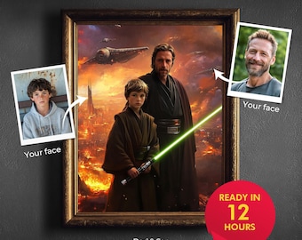 May include: A framed digital artwork featuring a father and son in a sci-fi setting, with a green lightsaber. The artwork includes two inset photos labeled "Your face." Text at the bottom reads "Dad & Son Made from Your Photo." A red banner says "READY IN 12 HOURS."