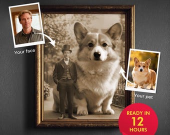 Custom Pet & Owner Portrait  Victorian Vintage Style  Personalized Giant Pet Artwork  Dog or Cat Custom Illustration Gift