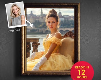 May include: A framed portrait featuring a woman in a yellow gown, seated on a vintage chair. The image includes a cityscape background and the text "Ready in 12 Hours" and "Made from Your Photo". A separate photo with the text "Your face" is also present.
