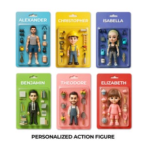 Puede incluir: Seis figuras de acción personalizadas en blísteres, cada una con un nombre en la parte superior. Las figuras representan diferentes profesiones y aficiones, incluyendo un trabajador de la construcción, un entusiasta del gimnasio y un jardinero. El texto "PERSONALIZED ACTION FIGURE" está en la parte inferior.