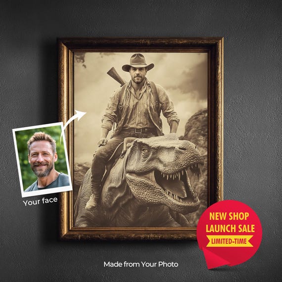 Custom Cowboy Riding Dinosaur Portrait Cowboy Dinosaur Funny Western Digital Art Quirky Wall Decor Unique Wild West Art