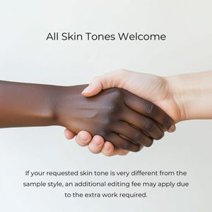 Op de afbeelding: Een handdruk tussen twee handen, &eacute;&eacute;n donker en &eacute;&eacute;n licht van kleur. De tekst erboven luidt "All Skin Tones Welcome". De tekst eronder vermeldt dat er extra bewerkingskosten van toepassing kunnen zijn als de huidskleur sterk afwijkt.