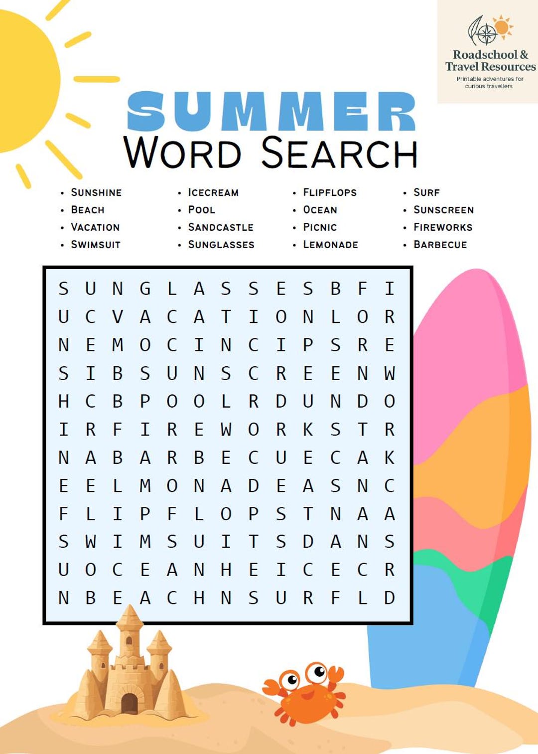 Free Summer Word Search Printable Activity for Kids Instant Download - Etsy