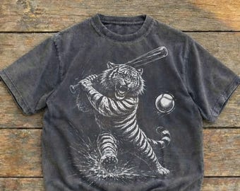 T-shirt tigre de baseball aux couleurs confort de l'an 2000, t-shirts graphiques vintage tigre jouant au baseball, chemises Streetwear rétro sport animal des années 90