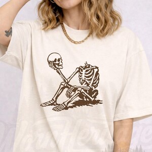 Comfort Colors Skeleton Shirts | Vintage Thinking Skeleton Tee | Retro Dark Aesthetic Graphic | Gothic Ivory Apparel | Funny Macabre Gift