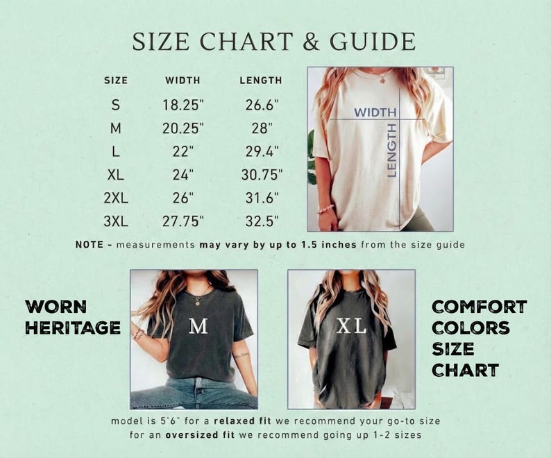 Peut inclure: Tableau des tailles et guide pour t-shirts, avec mesures en pouces. Le tableau affiche les tailles S &agrave; 3XL, avec les mesures de largeur et de longueur. Images de mod&egrave;les portant des tailles M et XL. Le texte comprend "Comfort Colors" et "Worn Heritage".