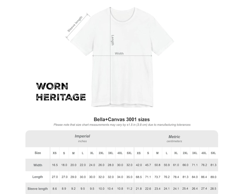 Peut inclure: T-shirt blanc avec tableau des tailles en centim&egrave;tres. Les dimensions du t-shirt sont affich&eacute;es, notamment la largeur, la longueur et la longueur des manches. Le texte "WORN HERITAGE" est &eacute;galement visible.