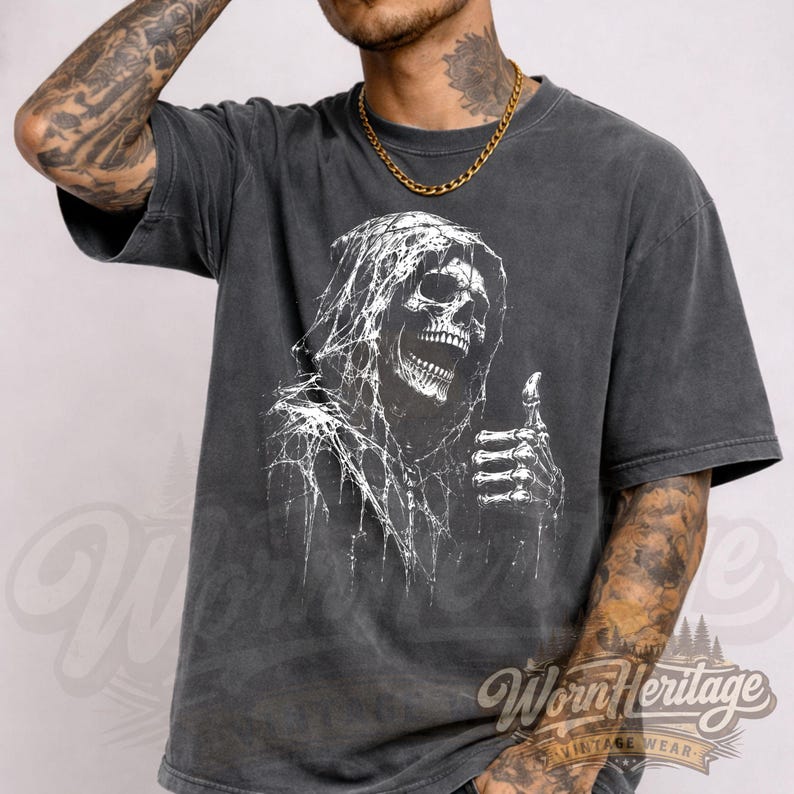 Grappig skelet duimschroef opwaarts T-shirt, sarcastische Grim Reaper Graphic Tee, Dark Humor Undead Vintage Retro Spooky Goth Halloween Top Unisex Cadeau afbeelding 4