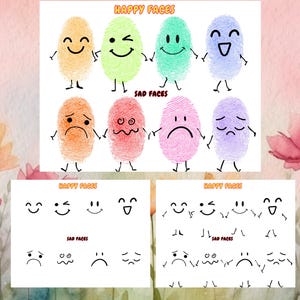 以下が含まれることがあります： 幸せそうな顔と悲しそうな顔の指紋が描かれたカラフルなイラスト。上段にはオレンジ、緑、ティール、青色の笑顔が描かれています。下段にはオレンジ、赤、ピンク、紫色の悲しい顔が描かれています。「HAPPY FACES」と「SAD FACES」の文字も表示されています。