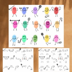 Pode incluir: Uma folha de papel branca com ilustrações coloridas de impressões digitais retratando vários esportes e atividades. Cada impressão digital tem uma expressão facial diferente e está envolvida em atividades como levantamento de peso, tênis e skate. Ilustrações menores adicionais na parte inferior.