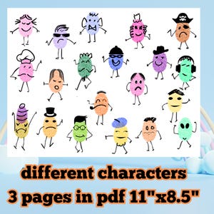 May include: A white background features a collection of whimsical fingerprint characters, each uniquely designed with different expressions and accessories. The text at the bottom reads "different characters" and "3 pages in pdf 11"x8.5".