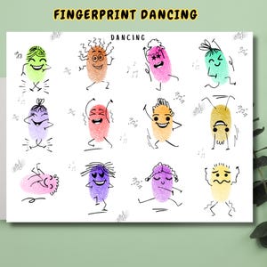 Könnte beinhalten: Ein weißer Druck mit zwölf bunten Fingerabdruck-Charakteren, die tanzen. Jeder Fingerabdruck ist mit Gesichtsmerkmalen und Frisuren verziert, mit den Worten "FINGERPRINT DANCING" oben.