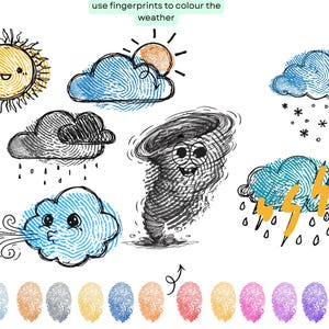 May include: An illustrated weather-themed design with a smiling sun, clouds, and a tornado. The text reads "use fingerprints to colour the weather". Below are colorful fingerprints for coloring the weather illustrations.