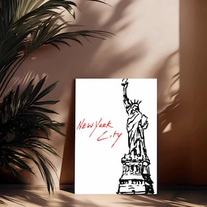 Statua Wolności A4 Wydruk cyfrowy | NYC Wall Art Printable | Rysunek linii w Nowym Jorku | Minimalistyczny plakat do dekoracji domu w stylu miejskim
