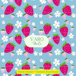 Erdbeerblüte nahtlose Muster | Süße rote & rosa Beeren Digitales Papier | Sommerfrucht Rapport für Stoff und Scrapbooking