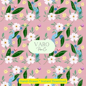 Motif floral transparent élégant paon | papier numérique vintage pour oiseaux de jardin | Design printanier romantique pour papier peint, tissu et travaux manuels