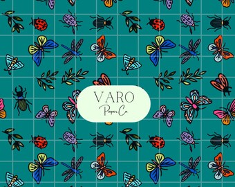 May include: A teal background with a grid pattern featuring hand-drawn illustrations of insects, butterflies, and leaves. The design includes a variety of colorful insects and butterflies. The text "VARO Paper Co" is in a white oval, and "Hand-Drawn * Instant Download" is in a yellow rectangle.