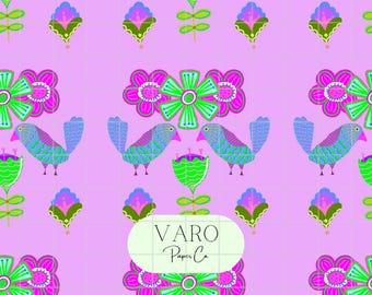 Patrón sin costuras de pájaros de arte popular caprichoso / Diseño floral brillante dibujado a mano para tela, papel tapiz y álbumes de recortes
