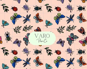 May include: A repeating pattern of colorful insects and leaves on a light pink grid background. The design includes butterflies, beetles, ladybugs, and dragonflies. The text "VARO Paper Co" is in a green oval. The text "Hand-Drawn * Instant Download" is in a yellow rectangle.
