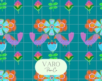 Patrón sin costuras de pájaros de arte popular caprichoso / Diseño floral brillante dibujado a mano para tela, papel tapiz y álbumes de recortes