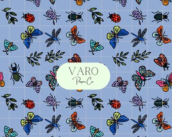 May include: A light blue background with a grid pattern featuring a repeating pattern of colorful insects, butterflies, and leaves. The text "VARO Paper Co" is in a white oval. The text "Hand-Drawn * Instant Download" is in a yellow rectangle.
