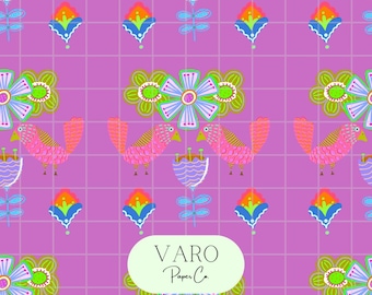 Patrón sin costuras de pájaros de arte popular caprichoso / Diseño floral brillante dibujado a mano para tela, papel tapiz y álbumes de recortes