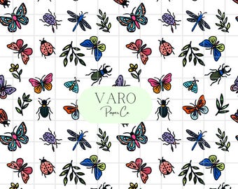 May include: A white background is covered with a repeating pattern of colorful butterflies, beetles, dragonflies, and sprigs of leaves. The text "VARO Paper Co" is in a light green oval. The words "Hand-Drawn * Instant Download" are at the bottom.