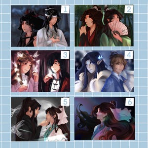 May include: A collage of six images featuring pairs of anime characters in various poses and settings. The characters are depicted in a variety of styles, including traditional Chinese clothing and modern attire. The images are set against a variety of backgrounds, including forests, mountains, and cityscapes.