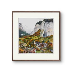Switzerland Watercolor Painting | Lauterbrunnen in Autumn – 9x9 Watercolor Art Print | Swiss Alps Fall Landscape