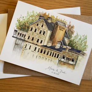 Aquarelle personnalisée pour lieu de mariage ou faire-part - Souvenir peint à la main à partir d'une photo - Cadeau de 1er anniversaire - Cadeau d'anniversaire en papier