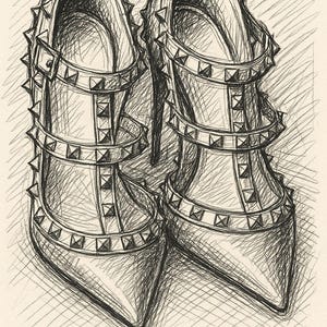 K&ouml;nnte beinhalten: Ein Paar schwarze High-Heel-Schuhe mit spitzer Zehenpartie und mehreren Riemen, die mit silbernen Nieten verziert sind.