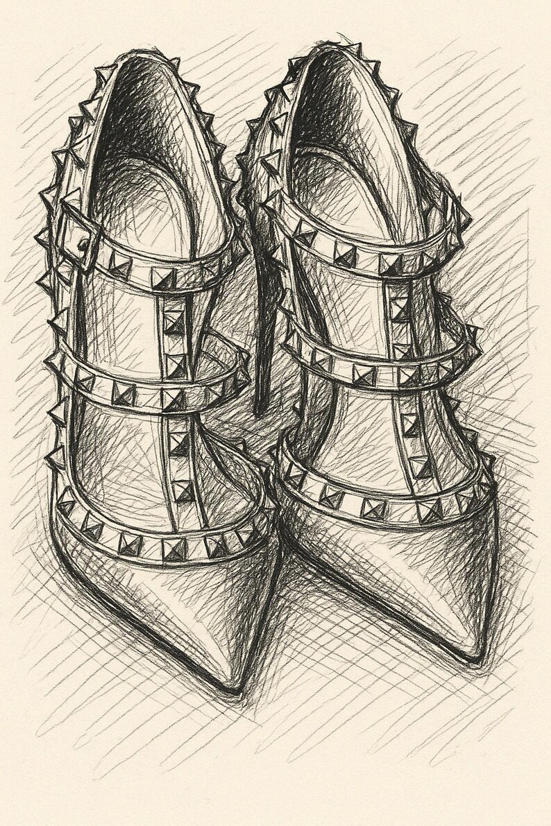 K&ouml;nnte beinhalten: Ein Paar schwarze High-Heel-Schuhe mit spitzer Zehenpartie und mehreren Riemen, die mit silbernen Nieten verziert sind.