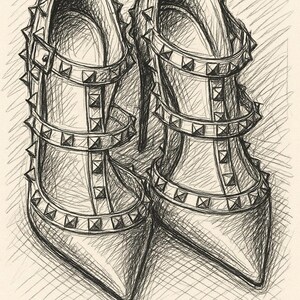 May include: A pair of black high-heeled shoes with a pointed toe and multiple rows of silver studs. The shoes are drawn in a detailed pencil sketch style.