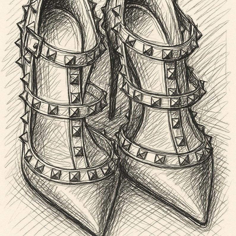 K&ouml;nnte beinhalten: Ein Paar schwarze High-Heel-Schuhe mit spitzer Zehenpartie und mehreren Reihen silberner Nieten. Die Schuhe sind in einem detaillierten Bleistift-Skizzenstil gezeichnet.