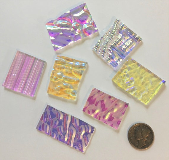 1 x 1 CBS Dichroic Patterned Squares on 2mm Thin Glass. Mixed Lot of 20  Squares Per Pack. COE90