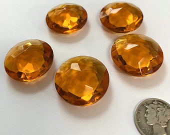 Vintage Five (5) Round 25mm Round Light Amber Topaz Double Faceted Glass Jewels