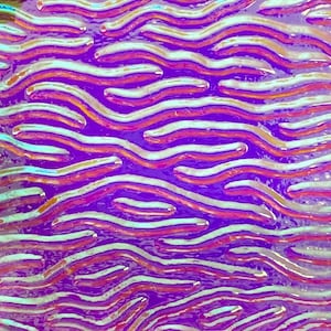 May include: Abstract artwork with a repeating wavy pattern. The design features layers of purple, white, orange, and teal colors. The artwork has a glossy finish and a textured appearance.