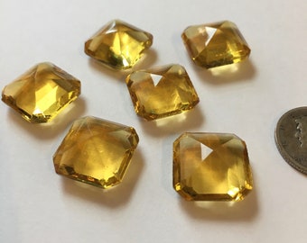 Vintage 15mm Square Light Amber Double Faceted Glass Jewels - Set of Six (6) for Stained Glass and Leaded Panels