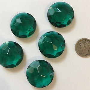 Vintage Five (5) Round 25mm Round Emerald Green Double Faceted Glass Jewels