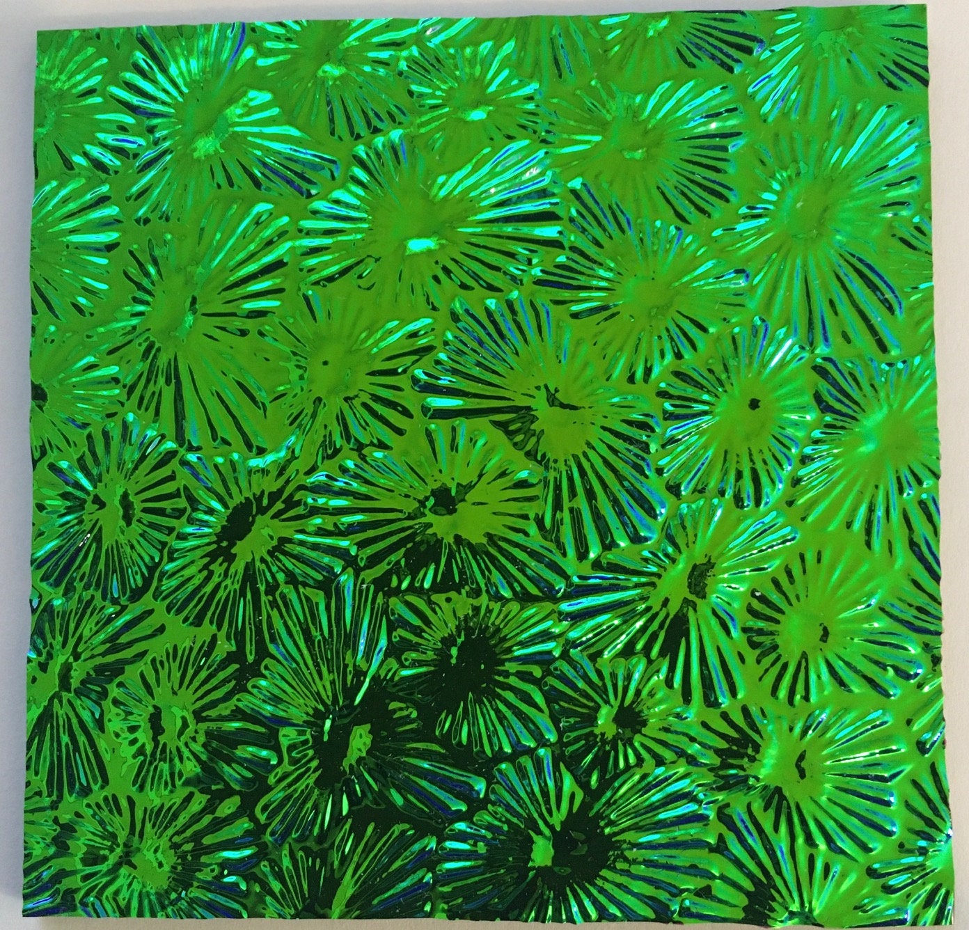 3" Sq Dichroic Glass:CBS 90COE Yellow/Purpl,e on Florentine Textured Black 3" Sq Dichroic Glass:CBS 90COE Yellow/Purpl,e on Florentine Textured Black